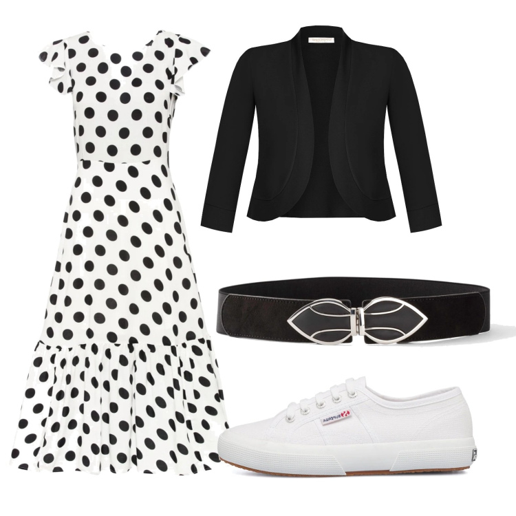 Outfit donna - La prima festa della mamma (veg ok). Stile Bon Ton per Tutti i giorni. Abbinamento con cinture, vestiti midi/longuette, bolero, sneakers.