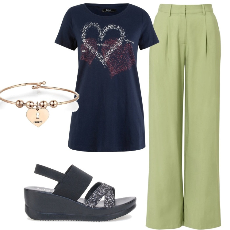 Outfit donna - Estate. Stile Basic per Tutti i giorni. Abbinamento con t-shirt, pantaloni, braccialetti, sandali.