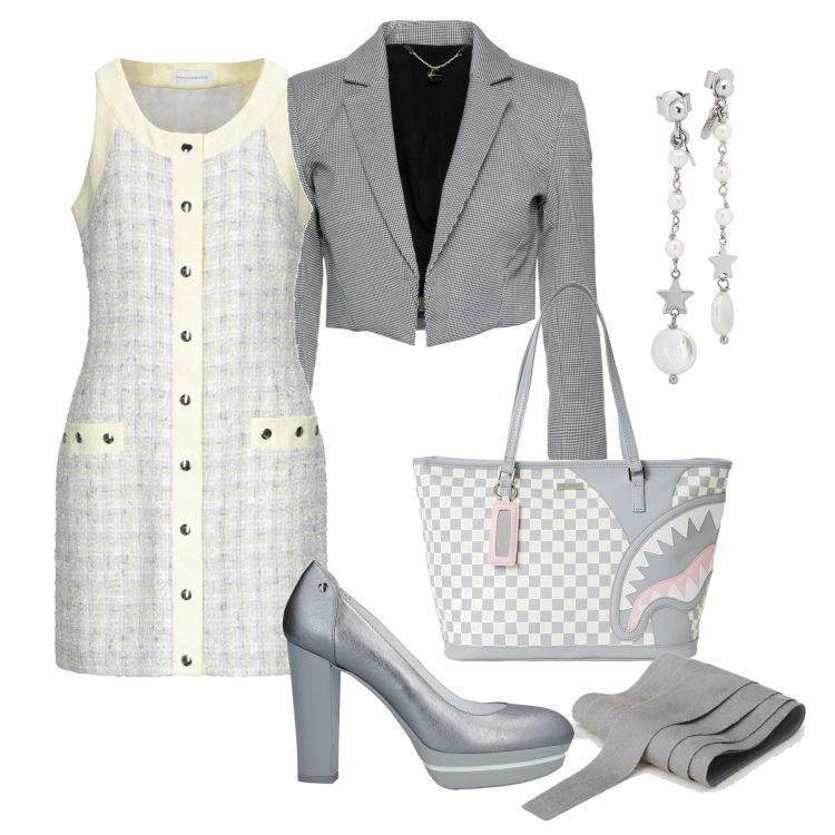 Outfit donna - Eleganti sfumature di grigio. Stile Chic per Ufficio. Abbinamento con vestiti corti, décolleté, blazer, orecchini, cinture, borse tote.