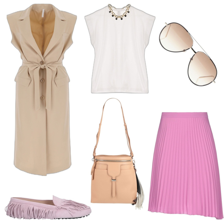 Outfit donna - Total look #1616781. Stile Trendy per Ufficio. look ideale per Tall. Abbinamento con mocassini, gonne longuette, borse a spalla, occhiali da sole, vestiti midi/longuette, t-shirt.