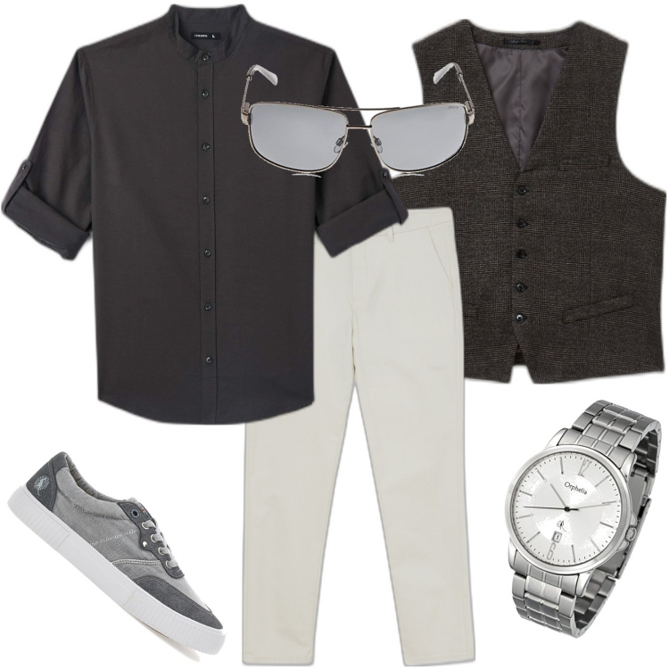Outfit uomo - Giornata uggiosa. Stile Business/Elegante per Ufficio. Abbinamento con camicie, pantaloni chino, gilet, sneakers, orologi, occhiali da sole.