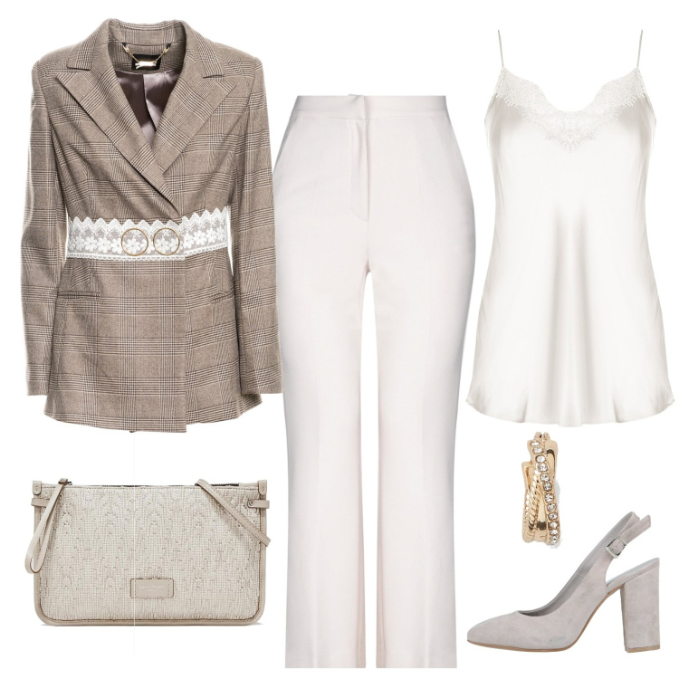 Outfit donna - Chic ad una cerimonia. Stile Chic per Cerimonia. Abbinamento con décolleté, pantaloni, top, blazer, clutch, orecchini.