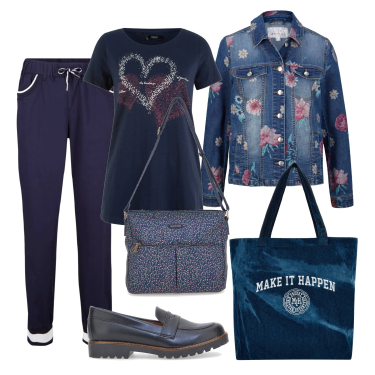 Outfit donna - Pomeriggio di shopping. Stile Casual chic per Tutti i giorni. Abbinamento con t-shirt, pantaloni, giacche, shopping bag, mocassini, borse a tracolla.