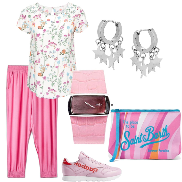 Outfit donna - Rosea. Stile Casual chic per Tutti i giorni. Abbinamento con bluse, pantaloni, orecchini, sneakers, pochette, orologi analogici.