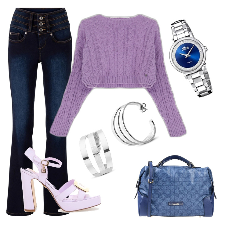 Outfit donna - È arrivata la primavera. Stile Basic per Tutti i giorni. Abbinamento con jeans bootcut, borse a mano, maglieria, orecchini, orologi, sandali col tacco.