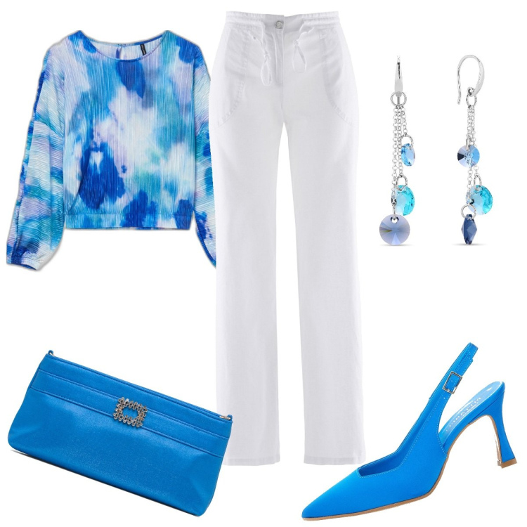 Outfit donna - Cena di compleanno. Stile Casual chic per Serata fuori. Abbinamento con pantaloni a palazzo, orecchini, bluse, clutch, décolleté.