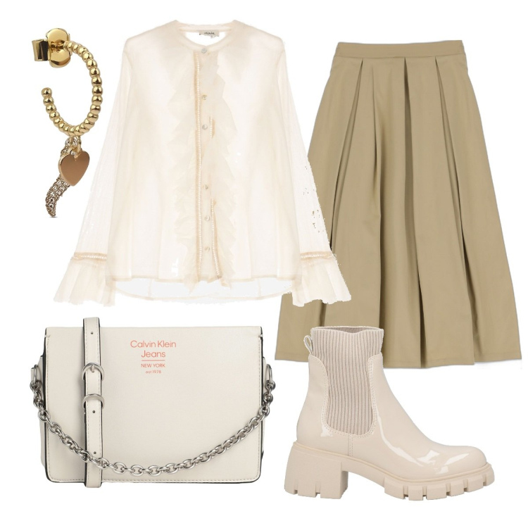 Outfit donna - Gli stivaletti per una giornata di piogg. Stile Trendy per Tutti i giorni. Abbinamento con stivaletti, borse a mano, orecchini, gonne longuette, camicie.