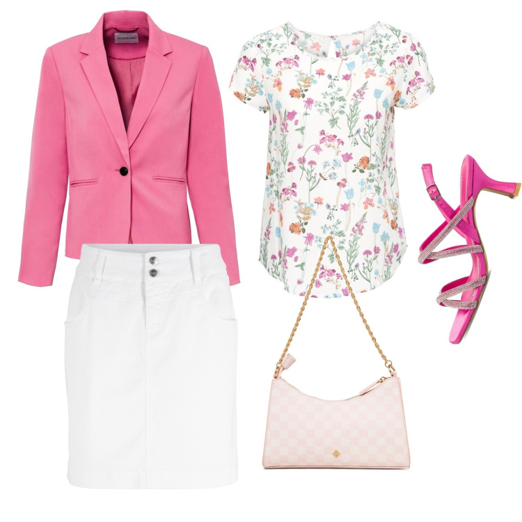 Outfit donna - Pink power. Stile Bon Ton per Tutti i giorni. Abbinamento con bluse, minigonne, blazer, sandali col tacco, borse a tracolla.