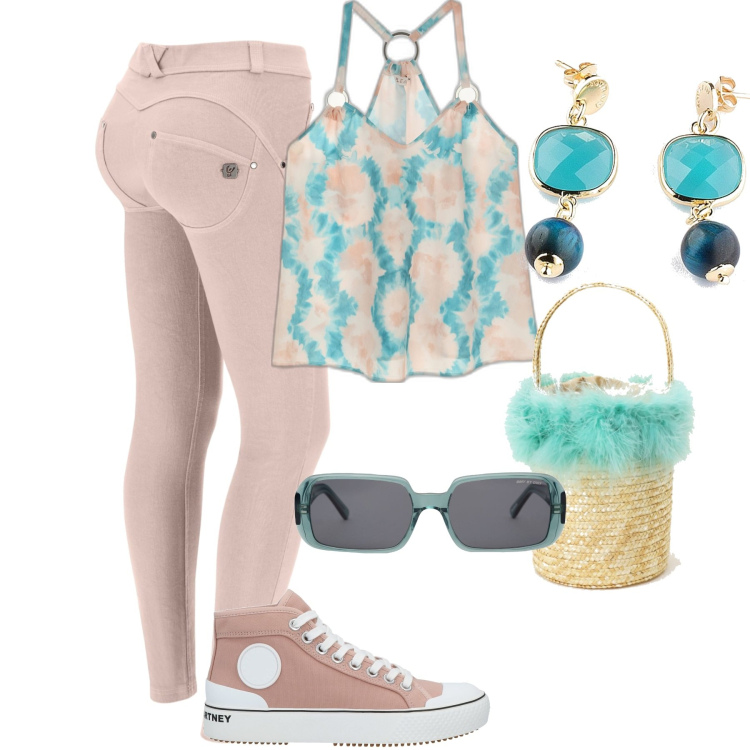 Outfit donna - Minimal perfection. Stile Sporty chic per Tutti i giorni. Abbinamento con sneakers, canottiere, borse a secchiello, pantaloni skinny, orecchini, occhiali da sole.