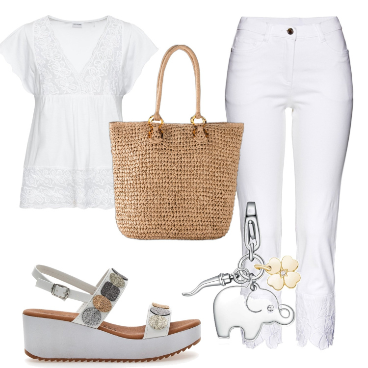 Outfit donna - Portafortuna. Stile Glamour per Tutti i giorni. Abbinamento con maglieria, jeans, shopping bag, ciondoli, sandali.