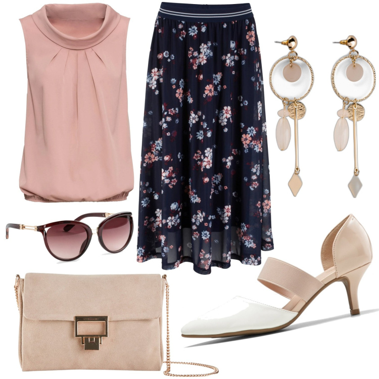Outfit donna - Curvy Total look low cost by Bonprix. Stile Chic per Tutti i giorni. Abbinamento con top, orecchini, occhiali da sole, gonne longuette, décolleté, pochette.