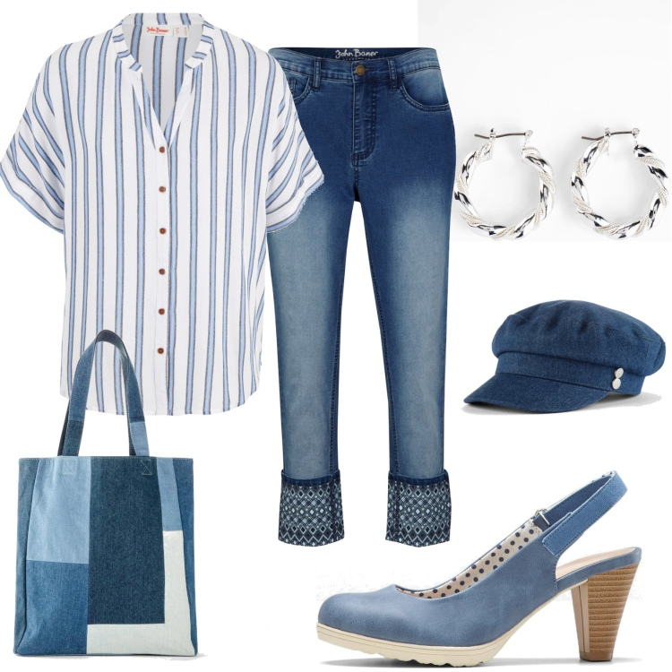 Outfit donna - Curvy, Tall & Low Cost by Bonprix. Stile Casual chic per Tutti i giorni. look ideale per Tall. Abbinamento con camicie, orecchini, jeans, décolleté, shopping bag, cappelli.