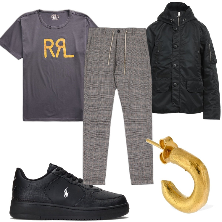 Outfit uomo - Total look #1617373. Stile Trendy per Tutti i giorni. Abbinamento con giacche, pantaloni, t-shirt, sneakers, orecchini.