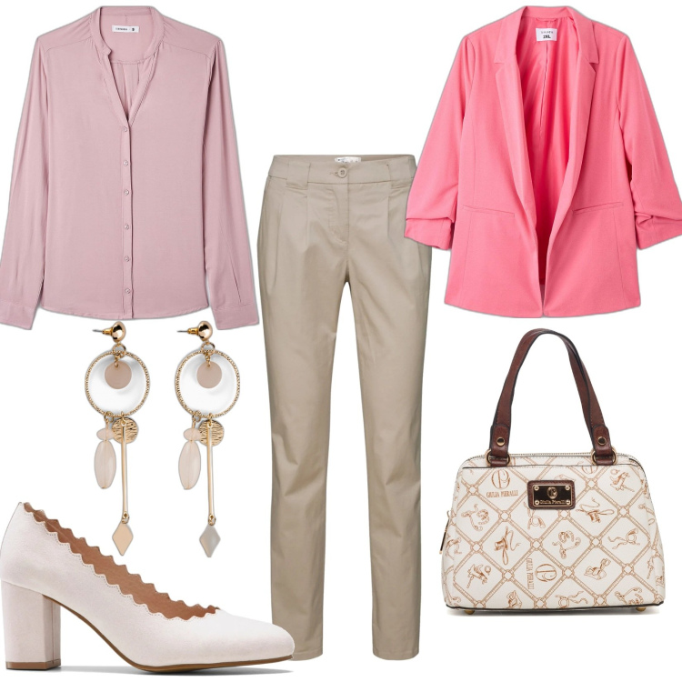 Outfit donna - Riunione con genitori. Stile Bon Ton per Scuola/Università. Abbinamento con pantaloni chino, orecchini, décolleté, camicie, blazer, borse a mano.