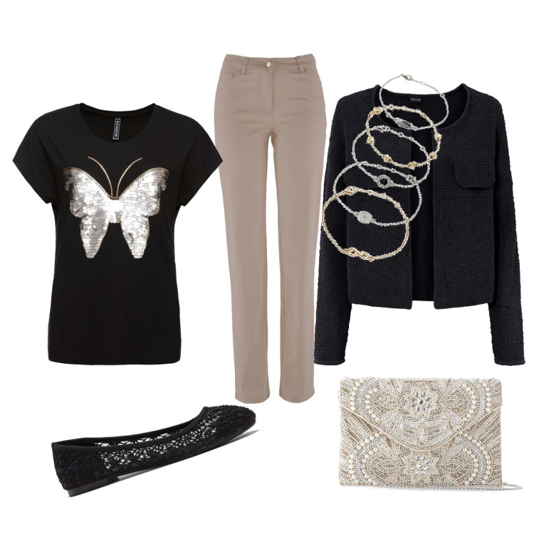 Outfit donna - Apericena della mamma con le amiche. Stile Casual chic per Serata fuori. Abbinamento con maglieria, pochette, braccialetti con ciondoli, ballerine, pantaloni, cardigans.