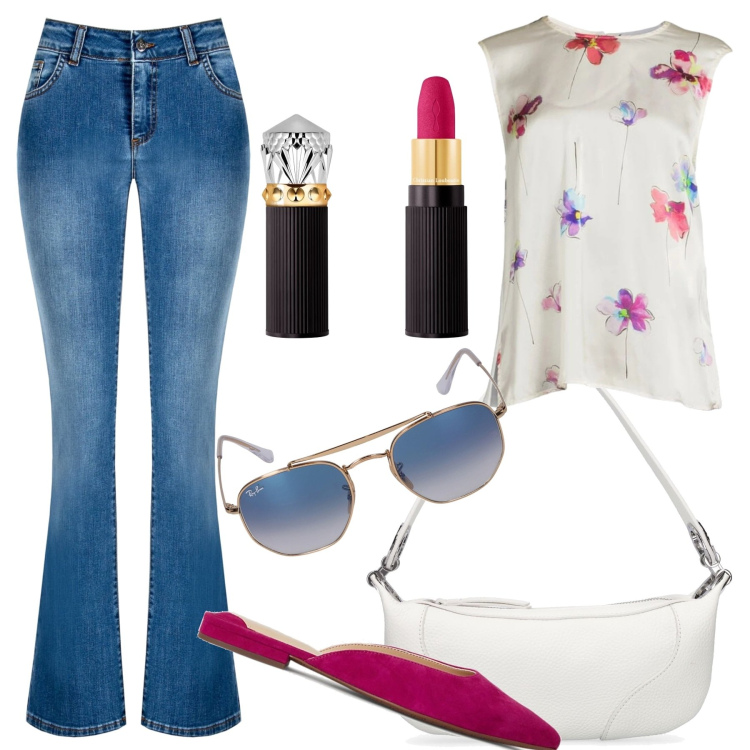 Outfit donna - Mix&Match. Stile Casual per Tutti i giorni. Abbinamento con jeans a zampa, bluse, sabot, borse a spalla, occhiali da sole, rossetti.