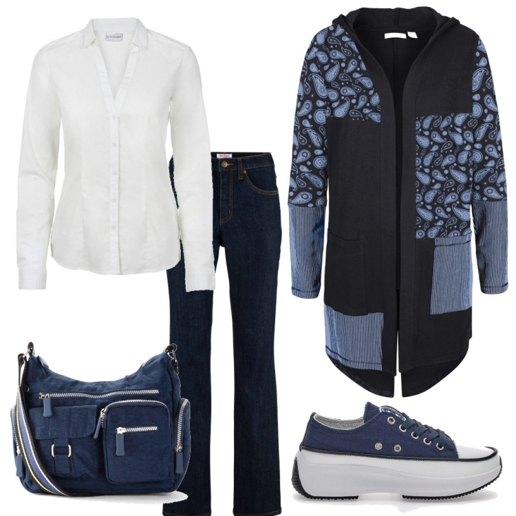 Outfit donna - Freddo. Stile Basic per Tutti i giorni. Abbinamento con borse a tracolla, camicie, cardigans, jeans, sneakers.