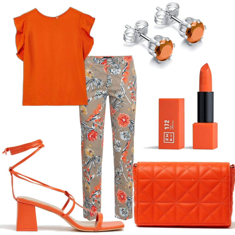 Outfit donna - Pantalone fiori arancioni. Stile Glamour per Tutti i giorni. Abbinamento con pantaloni, orecchini, bluse, borse a spalla, sandali in pelle, rossetti.