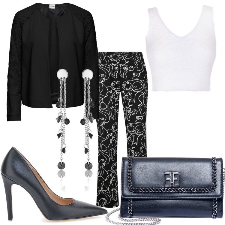 Outfit donna - Elegante in fantasia nero e bianco. Stile Chic per Serata fuori. Abbinamento con blazer, pantaloni, pochette, top, orecchini, décolleté.