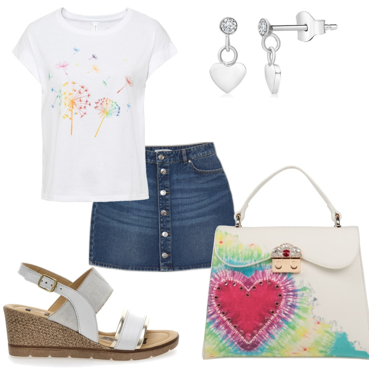 Outfit donna - Minigonna jeans e maglietta. Stile Casual per Tutti i giorni. Abbinamento con t-shirt, borse a mano, orecchini, minigonne, sandali in pelle.