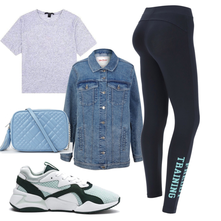 Outfit donna - Outfit sportivo casual. Stile Sporty chic per Tutti i giorni. Abbinamento con blazer, borse a tracolla, t-shirt, sneakers, leggings.