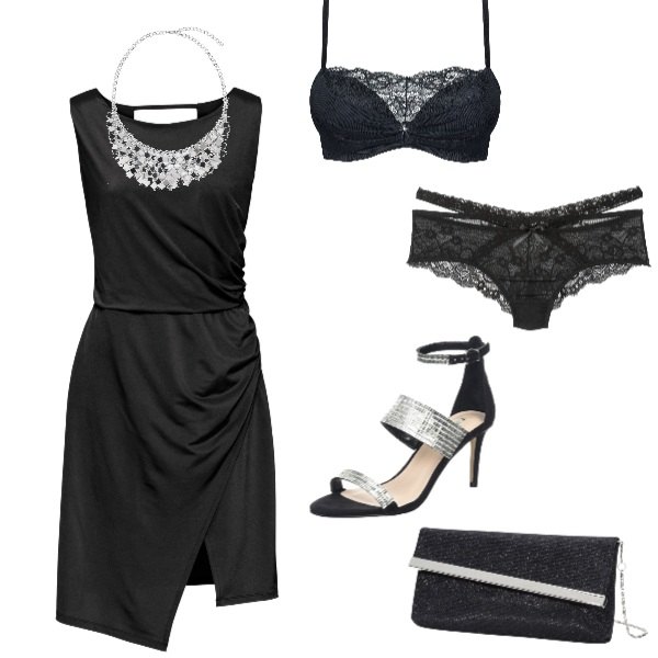 Outfit donna - Come in 50 sfumature........ Stile Sexy per Serata fuori. Abbinamento con reggiseni push-up, vestito effetto lucido jersey nero, brasiliana, pochette, collana con gancio maglia, scarpe con tacco nero.
