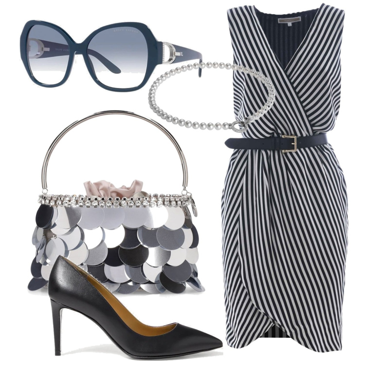 Outfit donna - Aperitivo d'estate. Stile Chic per Ufficio. Abbinamento con collane, vestiti corti, décolleté, occhiali da sole, borse a mano.