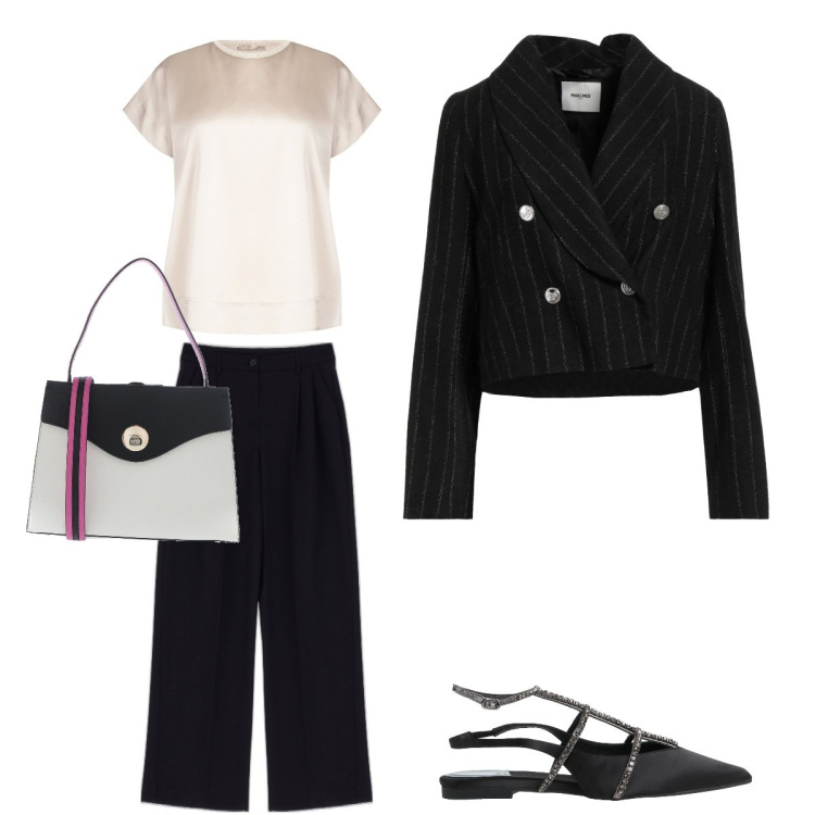 Outfit donna - Comoda con classe. Stile Chic per Cerimonia. look ideale per Tall. Abbinamento con ballerine, borse a mano, blazer, pantaloni a palazzo, bluse.