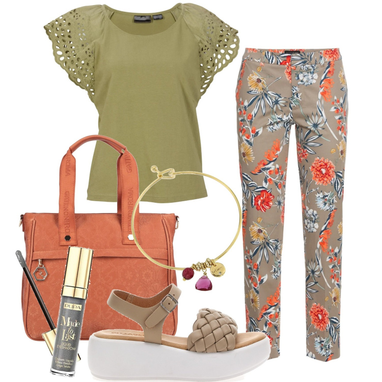 Outfit donna - Comoda per tutti i giorni. Stile Basic per Tutti i giorni. Abbinamento con pantaloni, maglieria, borse a mano, braccialetti, sandali in pelle, ombretti.