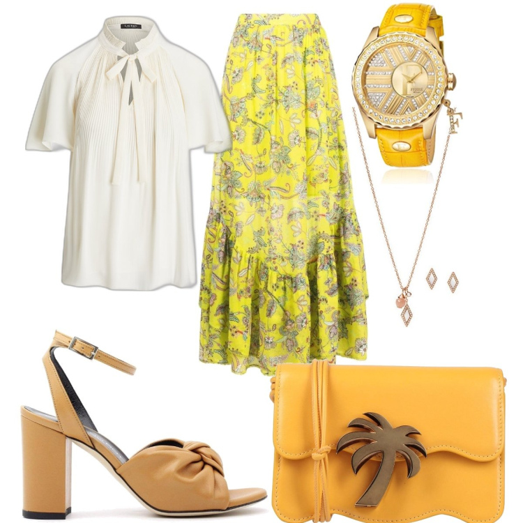 Outfit donna - Orologio con cintura gialla in pelle. Stile Casual chic per Tutti i giorni. Abbinamento con borse a tracolla, collane, gonne, sandali, camicie, orologi.