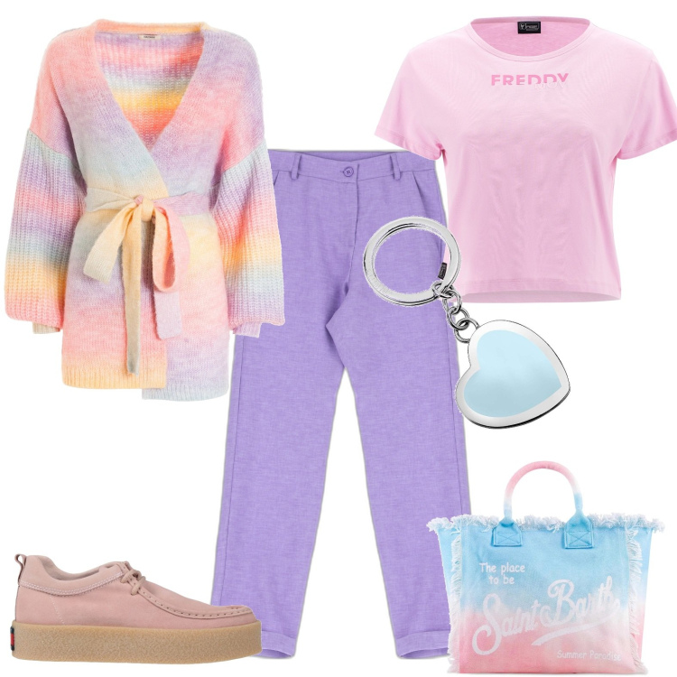 Outfit donna - Sportiva sempre. Stile Basic per Tutti i giorni. Abbinamento con scarpe stringate, pantaloni, cardigans, portachiavi, borse a spalla, t-shirt.