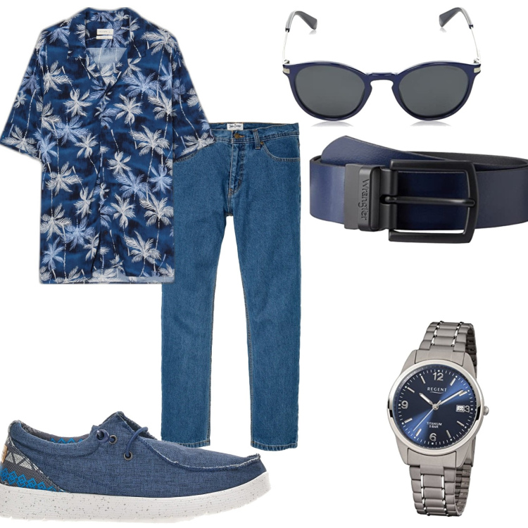 Outfit uomo - Jeans e fantasia. Stile Casual per Tutti i giorni. Abbinamento con jeans dritti, camicie a manica corta, orologi, scarpe stringate, occhiali da sole, cinture.