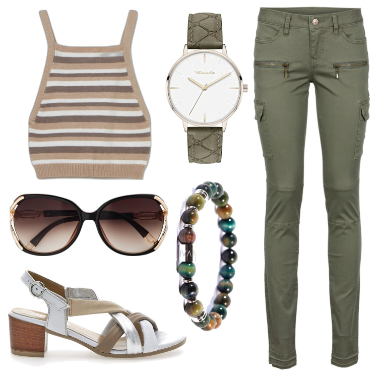 Outfit donna - Total look. Stile Casual chic per Tutti i giorni. Abbinamento con pantaloni cargo, occhiali da sole, braccialetti, top, orologi, sandali in pelle.