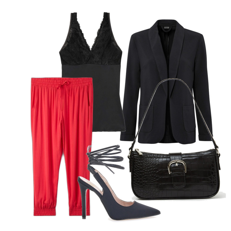 Outfit donna - Serate super funny!. Stile Glamour per Serata fuori. Abbinamento con top, blazer, pantaloni, borse a spalla, décolleté.