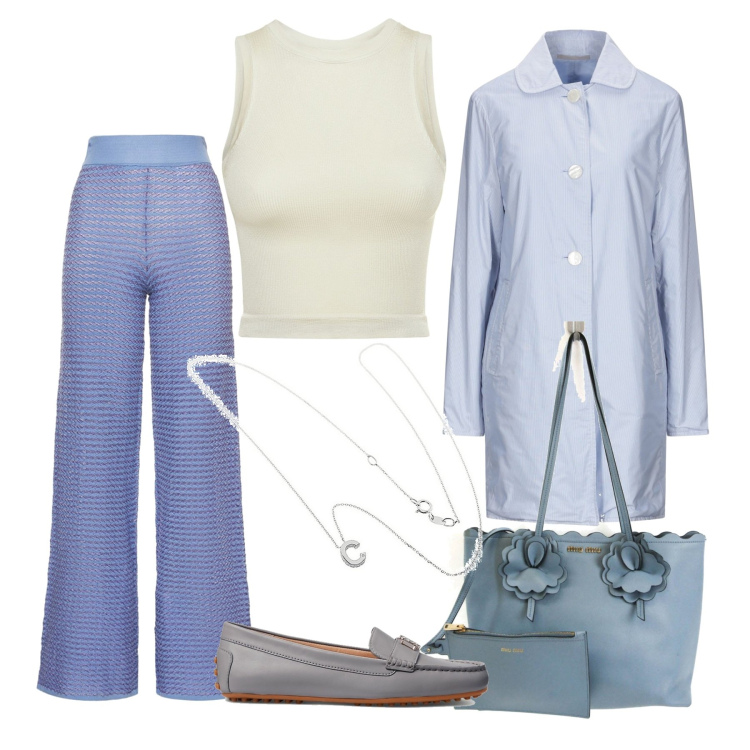 Outfit donna - Semplice ma di stile. Stile Casual chic per Tutti i giorni. Abbinamento con trench, borse a spalla, collane, mocassini, canottiere, pantaloni.