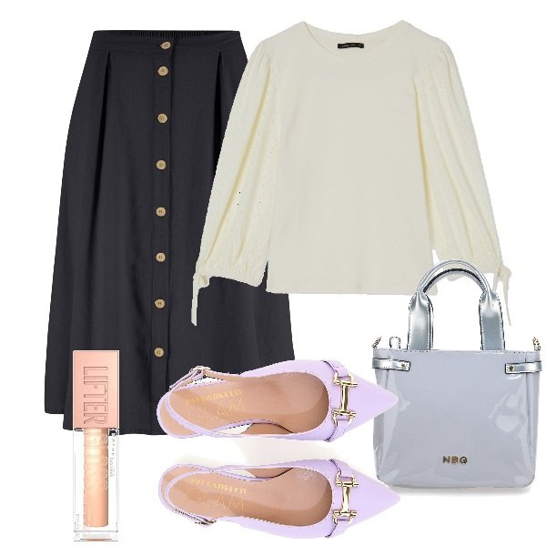 Outfit donna - Longuette con bottoni e ballerine sling. Stile Bon Ton per Ufficio. Abbinamento con gonne longuette, t-shirt, ballerine, gloss, borse a mano.