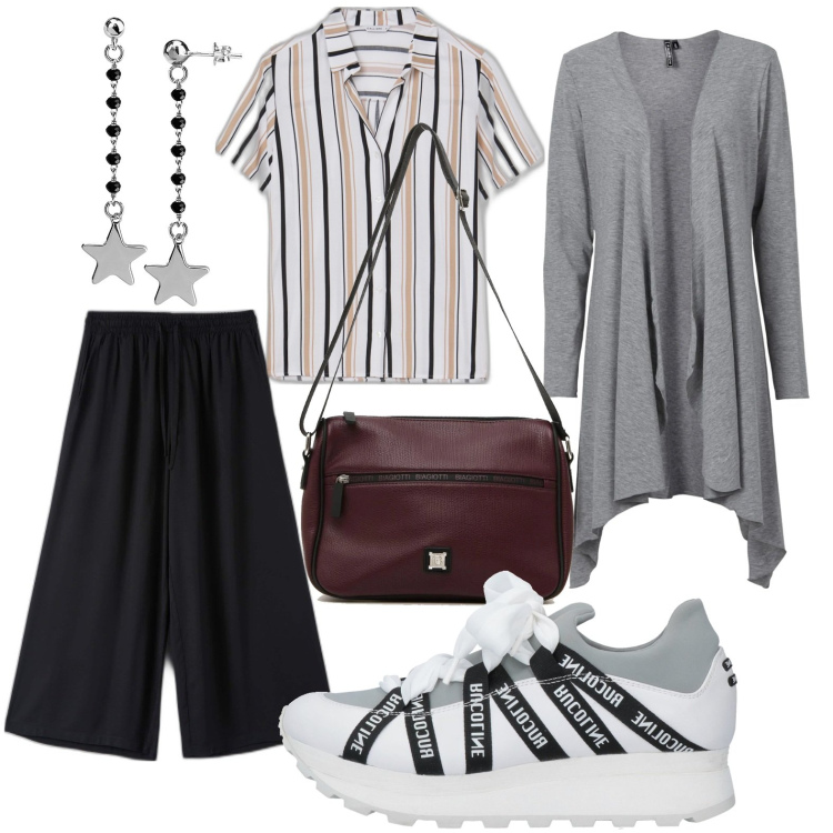 Outfit donna - Casuale style. Stile Casual per Tutti i giorni. Abbinamento con cardigans, sneakers, pantaloni a palazzo, orecchini, camicie a manica corta, borse a tracolla.