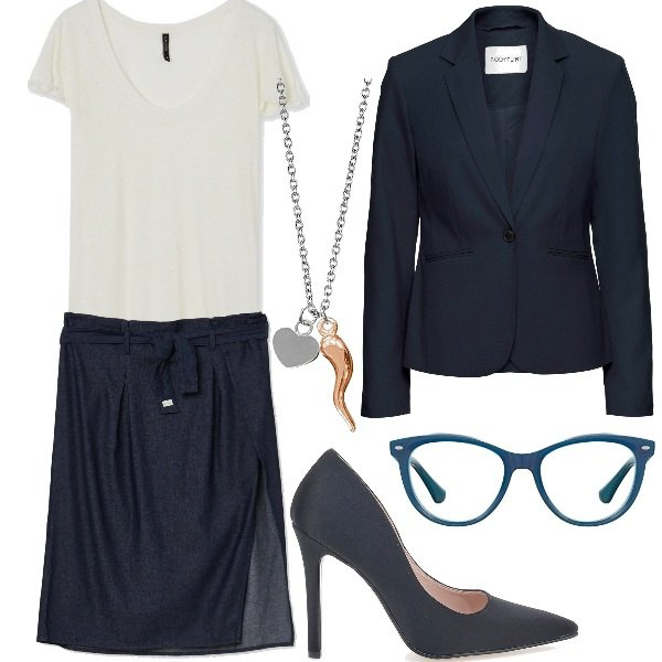 Outfit donna - Divisa di lavoro. Stile Bon Ton per Ufficio. Abbinamento con blazer, collane, t-shirt, gonne longuette, occhiali, décolleté.