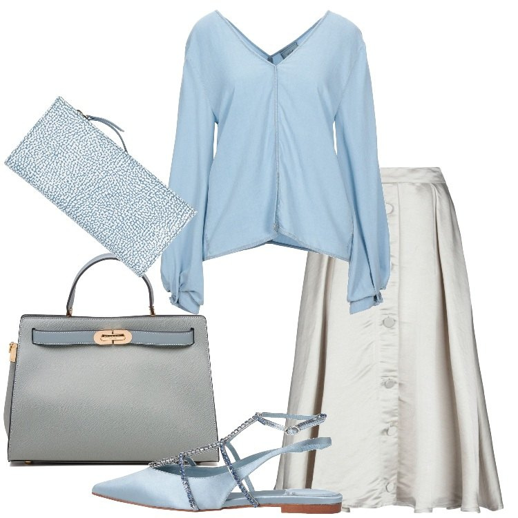 Outfit donna - Leggera con la gonna in raso. Stile Bon Ton per Serata fuori. Abbinamento con ballerine, gonne longuette, bluse, portafogli, borse a mano.