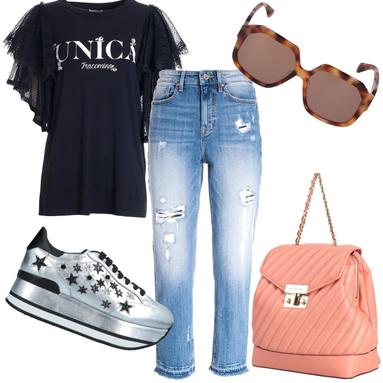 Outfit donna - Essere Unica. Stile Casual per Tutti i giorni. Abbinamento con zaini, sneakers, t-shirt, jeans strappati, occhiali da sole.