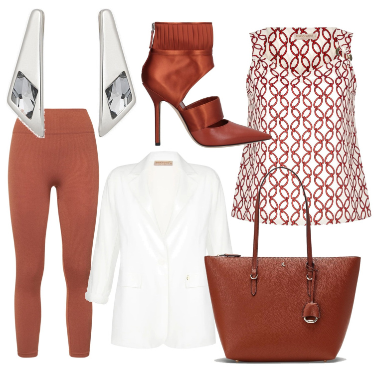 Outfit donna - Bianco e mattone. Stile Casual chic per Ufficio. Abbinamento con stivaletti, top, giacche, orecchini, borse tote, leggings.