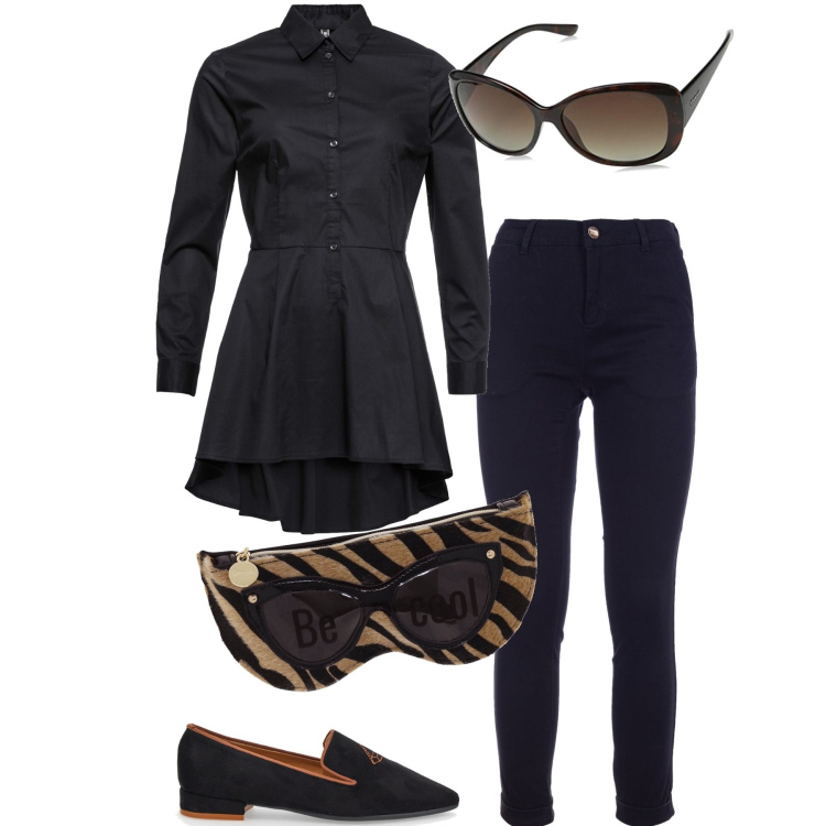 Outfit donna - Un tocco Animalier. Stile Casual chic per Ufficio. Abbinamento con camicie, pantaloni, clutch, mocassini, occhiali da sole.