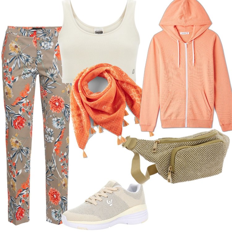 Outfit donna - Sportiva. Stile Urban per Tutti i giorni. Abbinamento con pantaloni, foulard, felpe con cappuccio, scarpe sportive, top, marsupi.