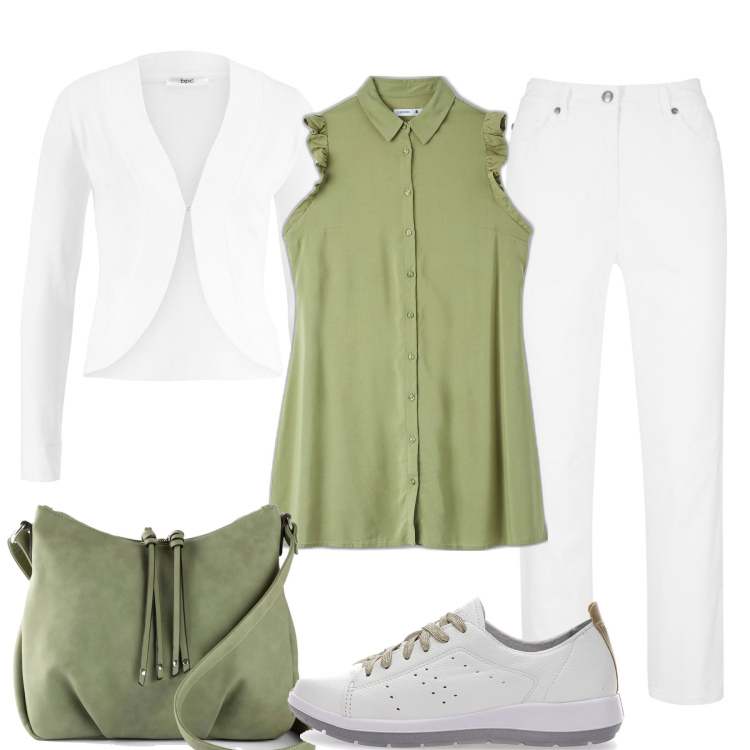 Outfit donna - La bellezza della semplicità. Stile Basic per Ufficio. Abbinamento con pantaloni, blazer, borse a tracolla, camicie, sneakers.
