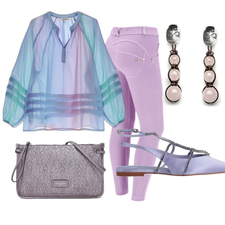 Outfit donna - Glicine. Stile Casual chic per Tutti i giorni. Abbinamento con ballerine, camicie, pantaloni skinny, orecchini, clutch.