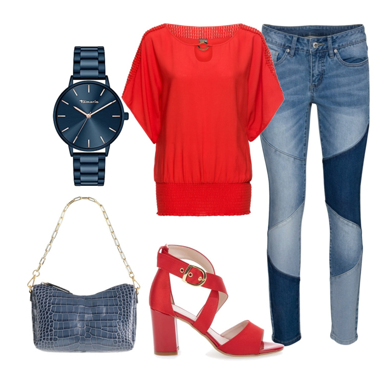 Outfit donna - Jeans con stile. Stile Chic per Tutti i giorni. Abbinamento con bluse, jeans skinny, borse a mano, sandali col tacco, orologi.