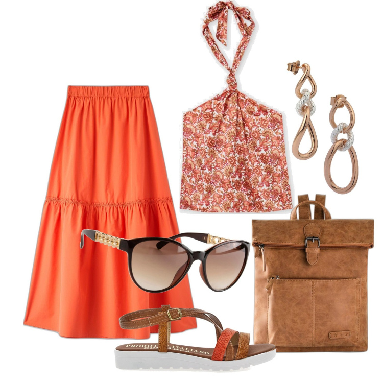 Outfit donna - Ghost outfitter - maggio. Stile Trendy per Tutti i giorni. Abbinamento con zaini, occhiali da sole, gonne lunghe, orecchini, top, sandali.