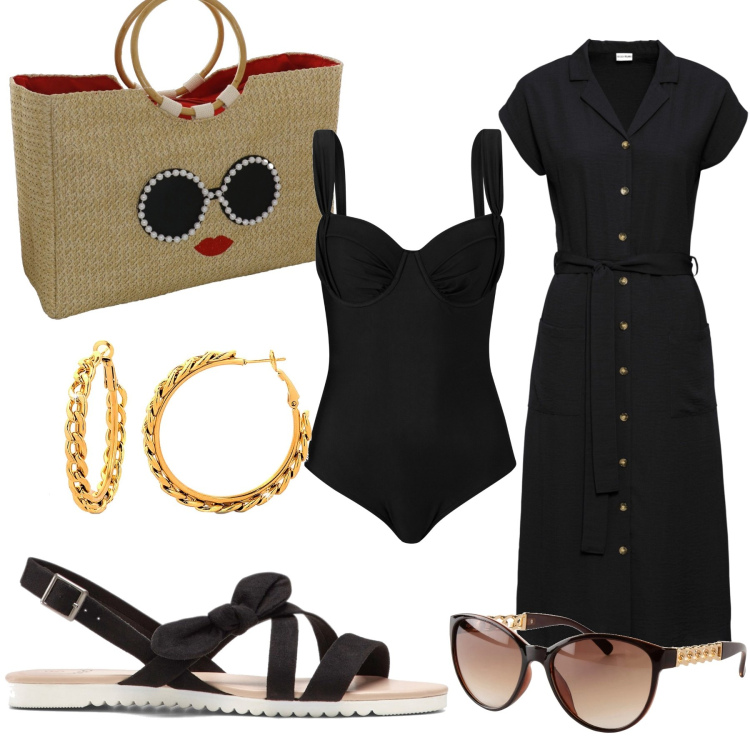 Outfit donna - Eleganza anche al mare. Stile Casual chic per Mare. Abbinamento con vestiti, costumi interi, sandali, occhiali da sole, orecchini, borse a mano.