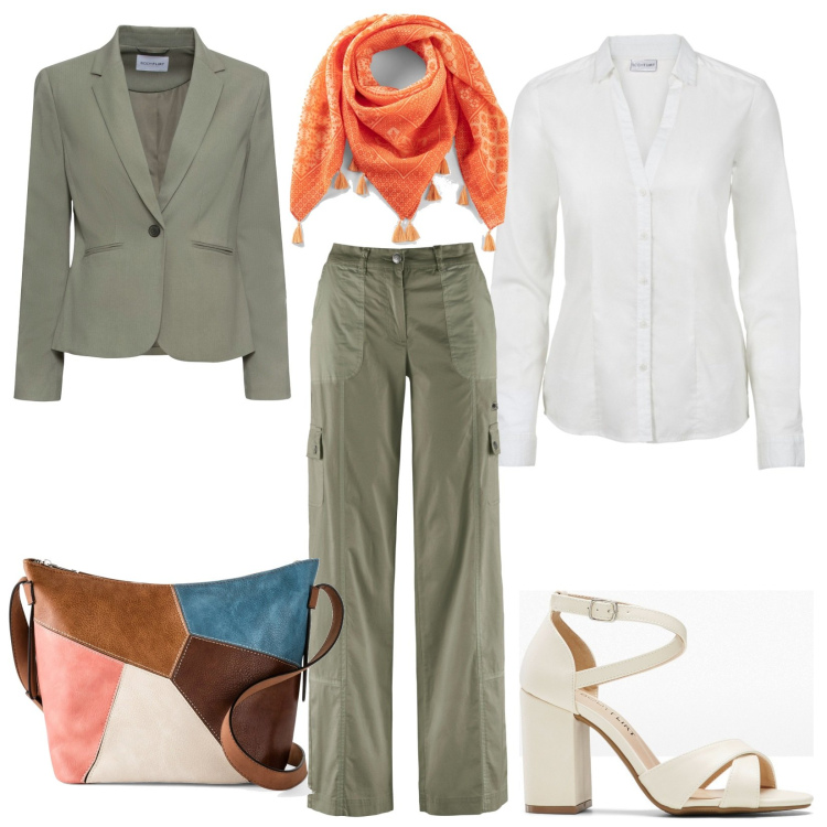 Outfit donna - Dedicato a Mamma. Stile Casual chic per Serata fuori. Abbinamento con pantaloni cargo, blazer, camicie, sandali col tacco, borse a tracolla, foulard.