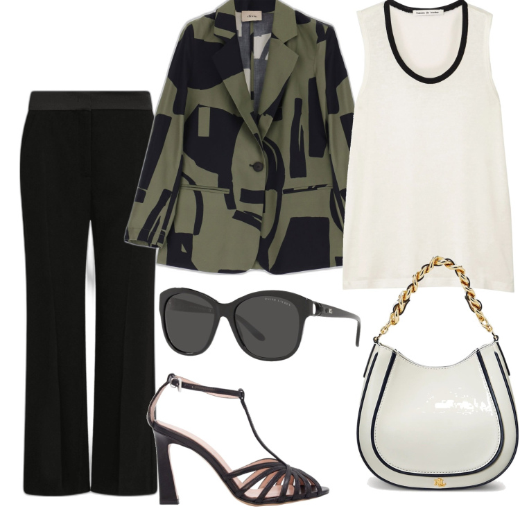 Outfit donna - Un pranzo importante. Stile Bon Ton per Tutti i giorni. Abbinamento con top, giacche, pantaloni, sandali, occhiali da sole, borse a spalla.